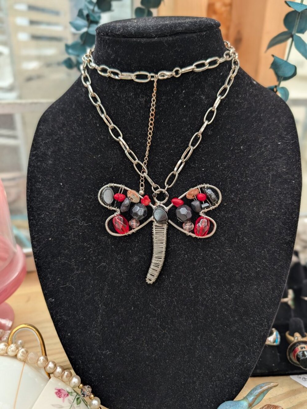 Vintage Beaded Dragonfly Necklace on Chunky Link Chain, AS IS